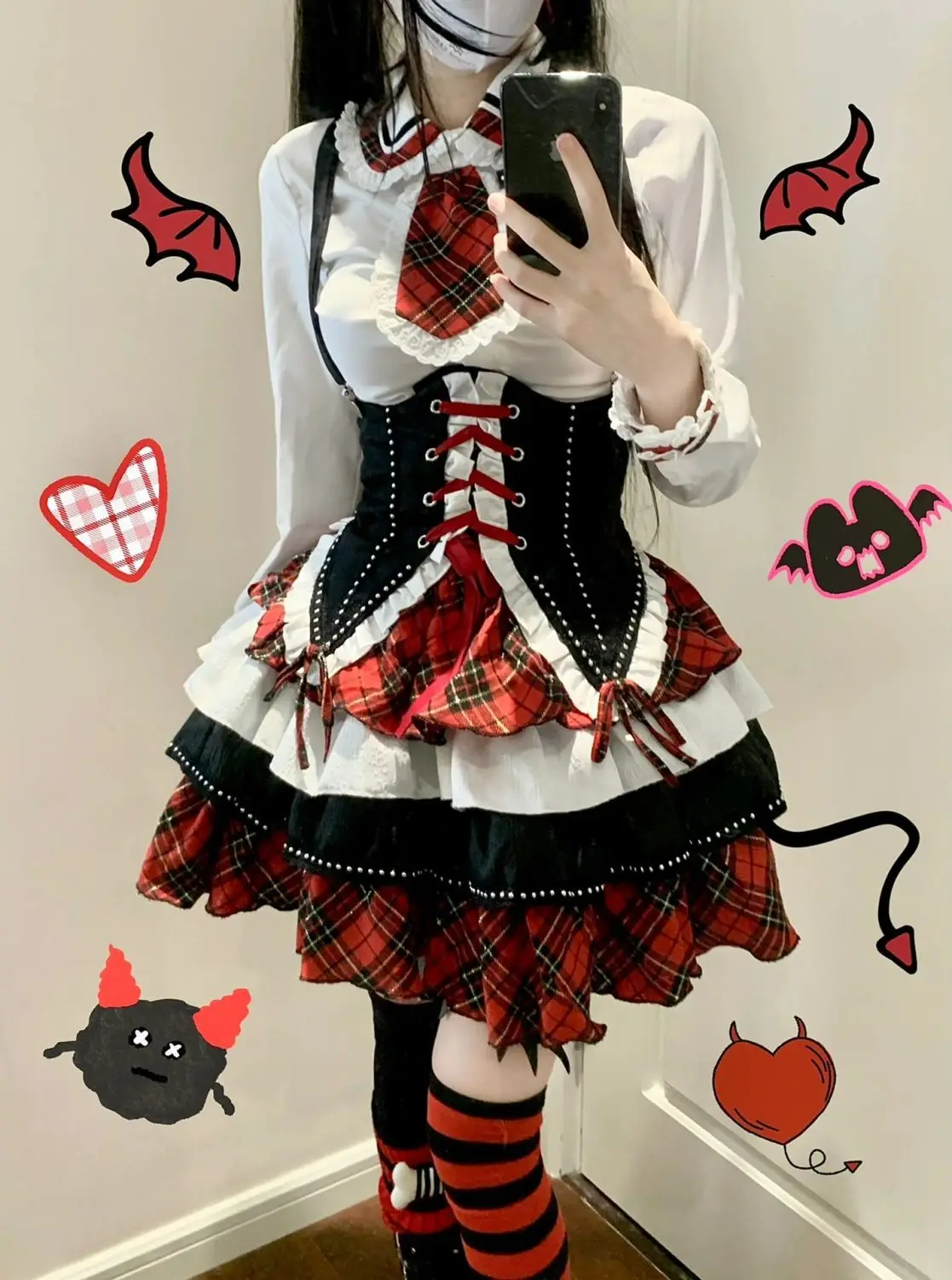 

Japanese Gothic Lolita 3 Piece Set Women Plaid Patchwork Kawaii Sweet Mini Skirt Suit Female Korean Fashion Chic Y2k Outfit 2025