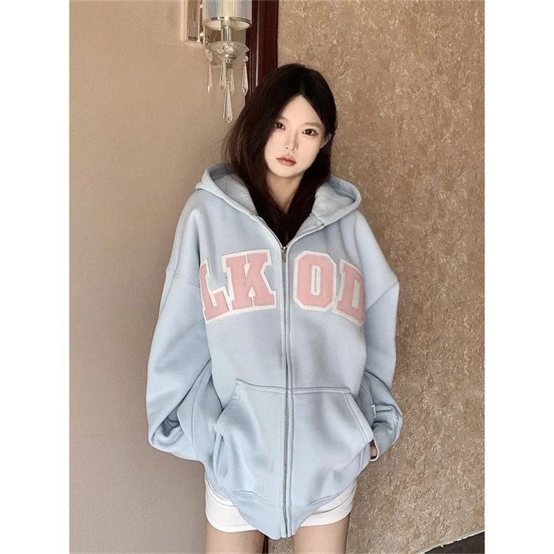 Streetwear Zip Up Hoodies for Women Oversized Letter Print Long Sleeve Hooded Sweatshirt Chic Baggy Zipper Y2k Tops Fall Winter