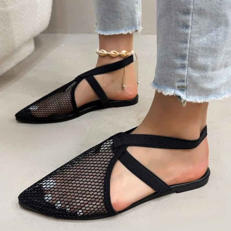 

Sexy Women Flats Sandals Designer Pointed Toe Mesh Shoes 2025 Summer Trend Fashion Slides Elegant Walking Soft Chaussures Femme