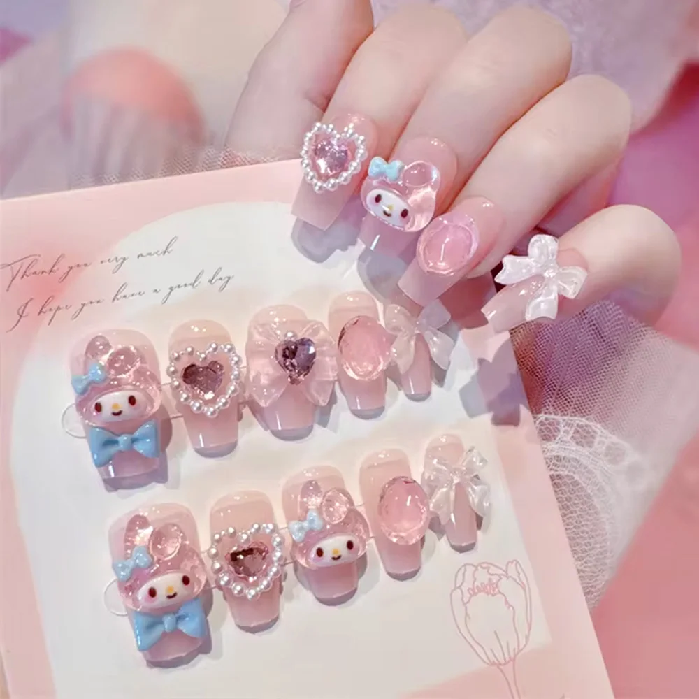 24Pc Sanrio My Melody Fake Nails Cartoon Anime Cute Nail Patches Fashion Press on Nails 3D Stereo Wearable False Nail Tips +Tool