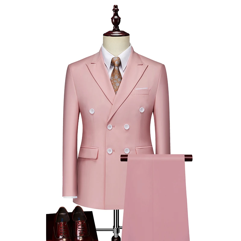 Men's Double-Breasted Business Casual Suit Two-Piece Set Polyester Fashion Wedding Handsome Boutique Trousers Included