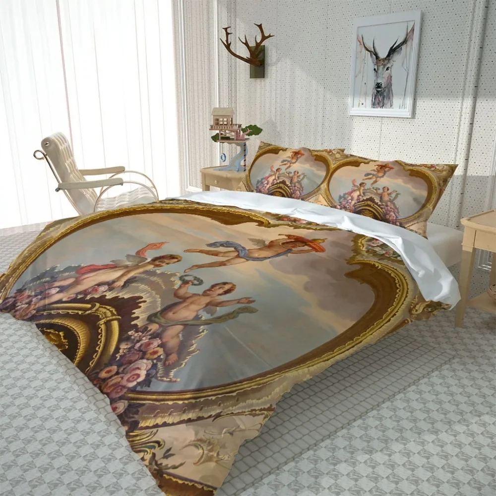 3D Angel Bedding Set Golden Luxury Bedclothes European Pattern Duvet Cover Retro Chain Comforter Cover 3 Piece for Girls Boys