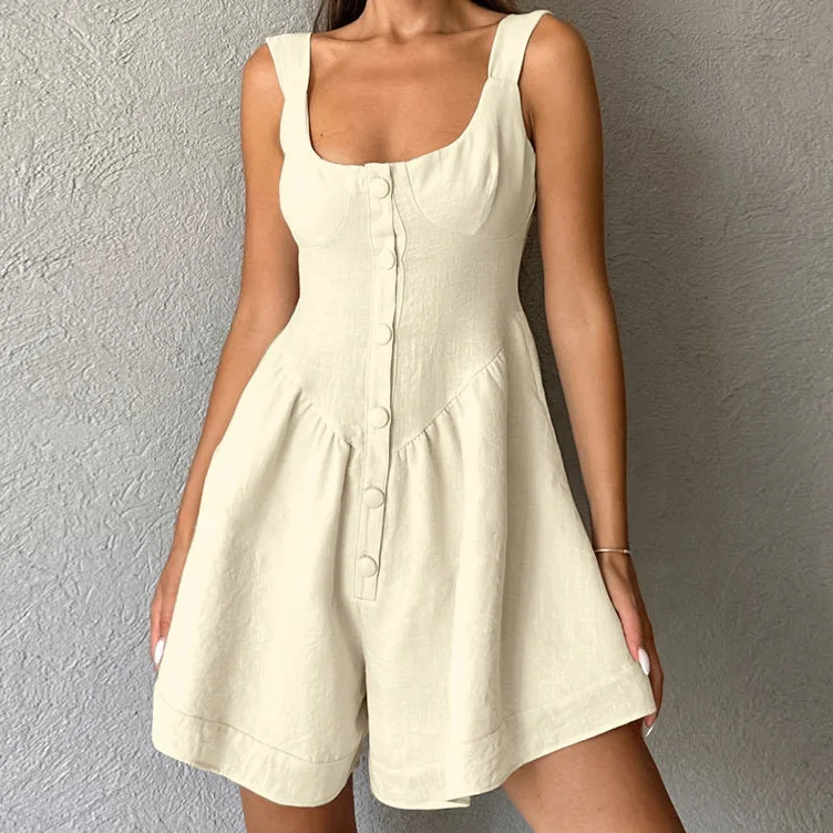 Women Clothing 2024 Summer New Solid Color Khaki Cotton Linen Round Neck Sleeveless Fashion Shorts Women Casual Simple Jumpsui