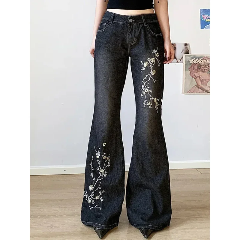 Y2k Denim Fared Jeans Women Low Rise Straight Full-length Jean Embroidery High Street Casual Dragging Fashion Pants Chic Flower