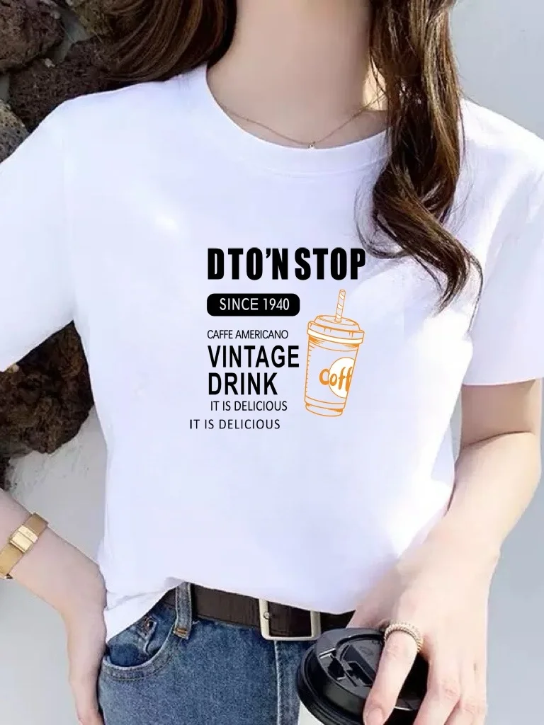 

Элитная женская футболка в американском стиле с коротким рукавом, свободного кроя, повседневная, с эффектом похудения, с буквенным принтом, белая, из антивозрастного полиэфирного волокна