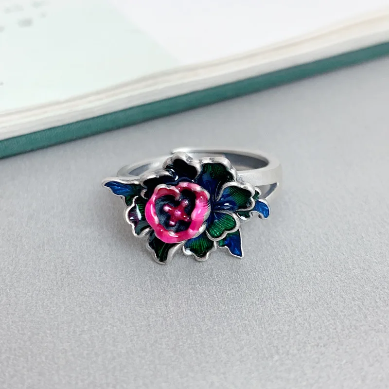 925 Sterling Silver Enamel Lotus Flower Finger Ring for Women Vintage Ethnic Style Stereo Colorful Adjustable Open Rings Jewelry