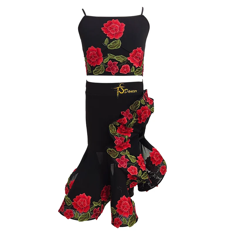 Robe de danse latine professionnelle pour filles, tenue d'été en dentelle brodée de style ethnique, col licou, tenue d'entraînement, nouvelle collection