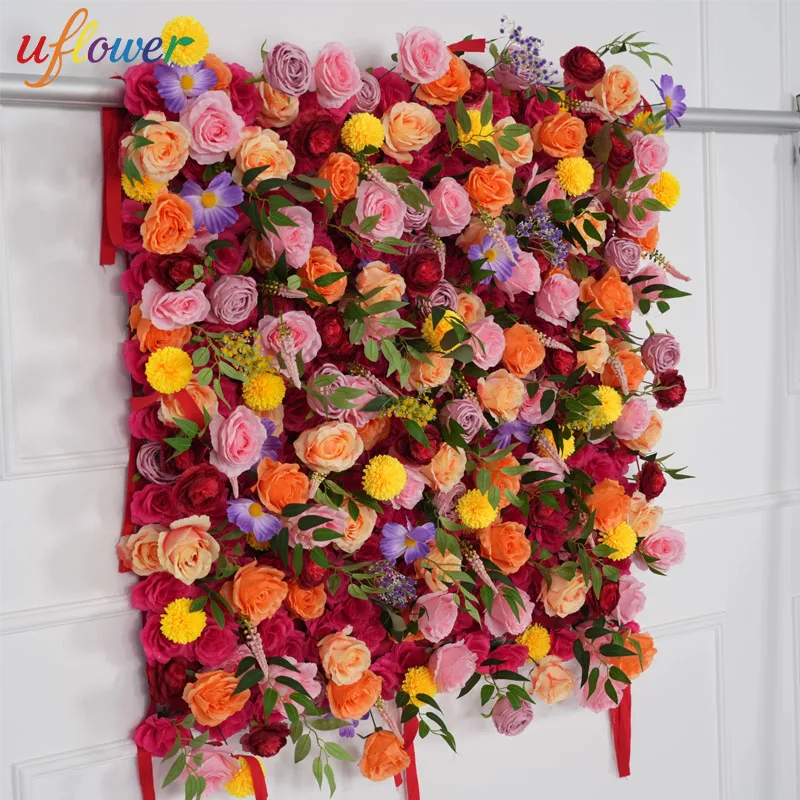 

Uflower Red Rose Gradient Flower Wall Fabric Curtain Backdrop for Outdoor Wedding Banquet Decor Milan Turf Artificial Plants