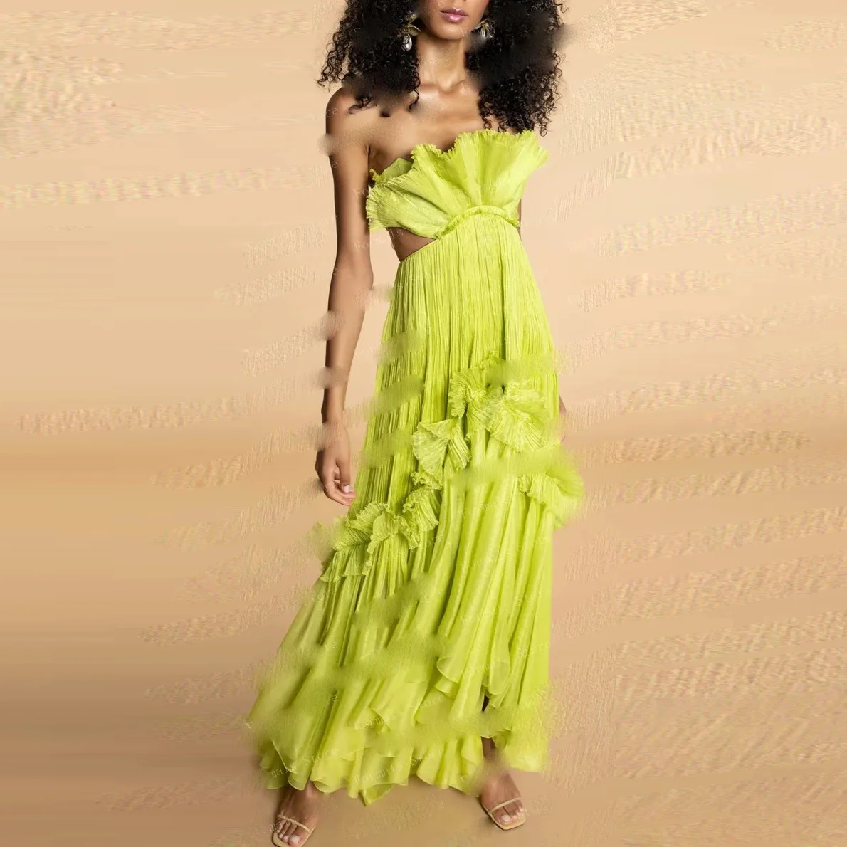 Neon Green Tulle Women Dress Ribbon Belt Floor Length Sexy Party Gown Backless Fashion Long Prom Gowns Layered Sleeveless