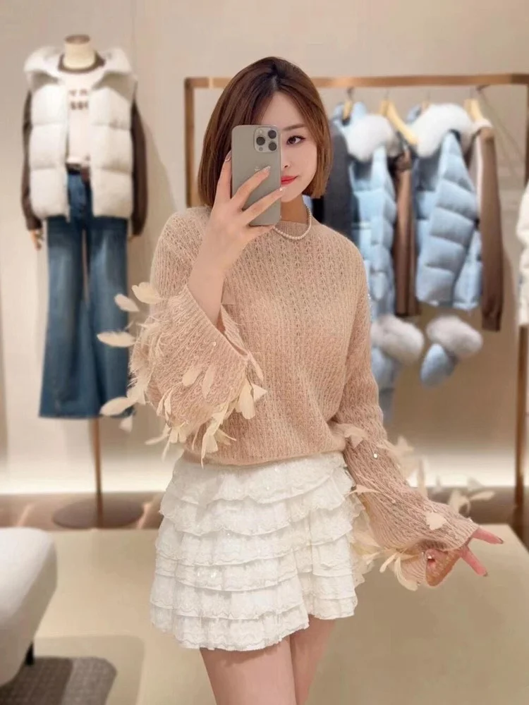 

Новый весенний женский вязаный свитер Sle с вырезами из перьев, нежный модный длинный свек, круглый Ne ort...