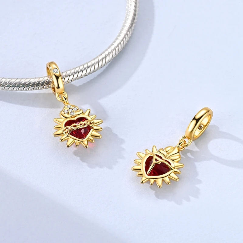 

925 Sterling Silver Charms Bead Zircon Golden Catholic Sacred Heart Dangle Fit Original Bracelet DIY Women Jewelry Gift