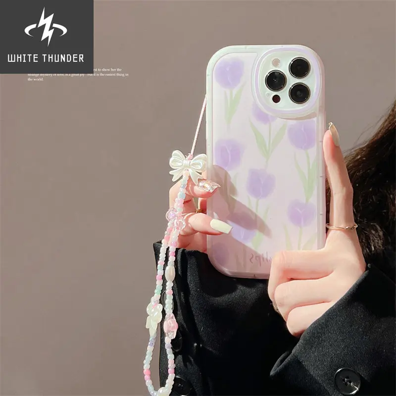 For Iphone 11 12 13 14 Pro Max Phone Case Sweet Purple Tulip Colorful Beads Bow Tie Hand Strap For Iphone Xr X Xs Max 7 8 Case