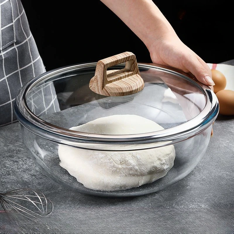 Large Glass Basin Household Kitchen with Lid and Basin Thickened Heat Resistant Kneading Basin Hair Basin Microwave Clear Bowl