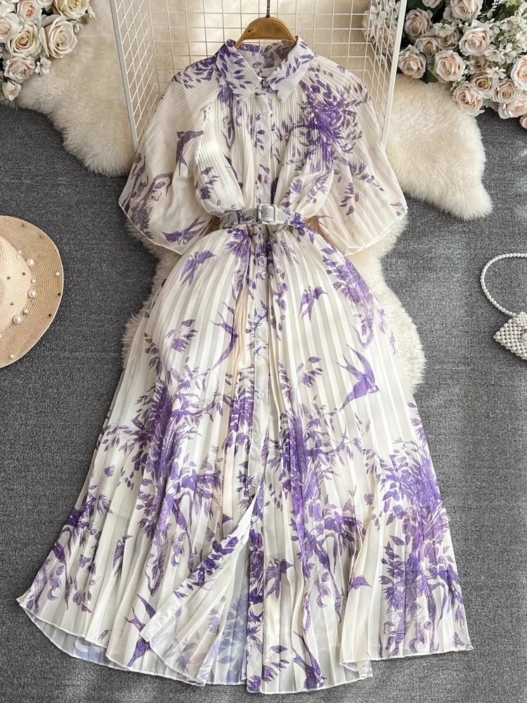 Nieuwe Temperament Afdrukken Gewaad Femme Single Breasted Vintage A-lijn Jurken 2025, Vestidos De Mujer Slanke Taille Riem Geplooide Jurk