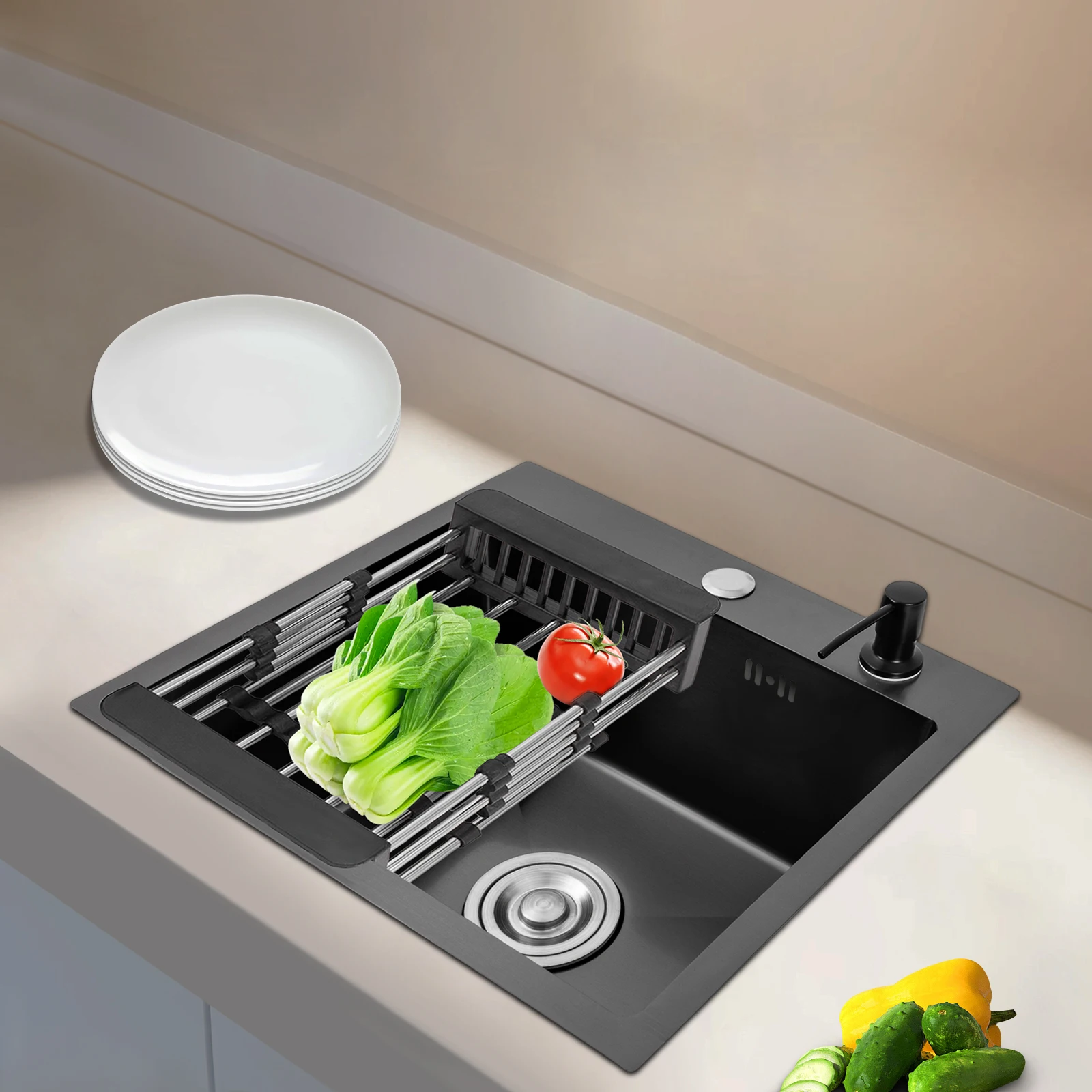 Fregadero de cocina de acero inoxidable negro, fregadero integrado de 45x40 cm, 1 lavabo, fregadero de cocina con dispensador de jabón