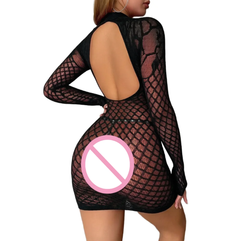 

Summer Sexy Tank Top Dress European and American Lingerie Dress Plus Size Women's Long Sleeves Midi Dress Fishnet Nightwear