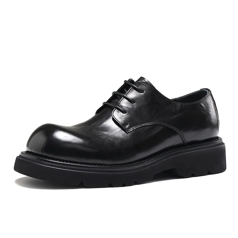 

British Style Trendy Dress Business Casual Leather Shoes Male Round Toe Derby Shoes Men Genuine Leather Thick Soled