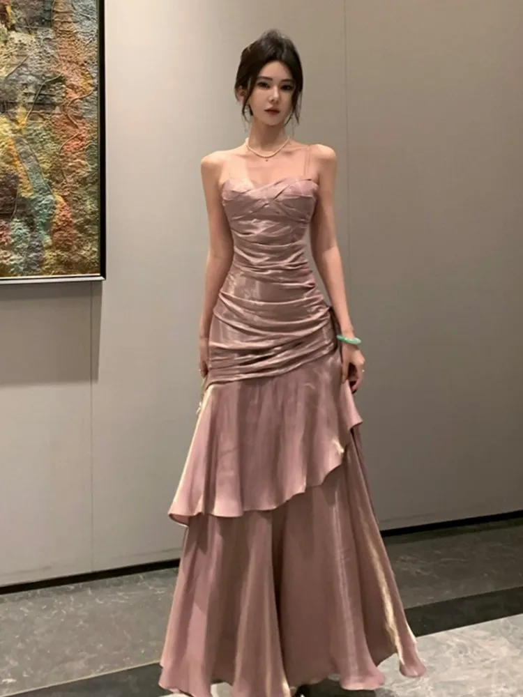 

Sexy Backless Birthday Party Fairy Dress Summer Elegant Sleeveless Spaghetti Strap Ruffled Long Dress Wedding Prom Chic Vestidos