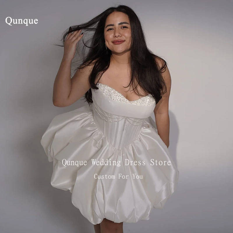 

Qunque Above Knee Ball Gown Wedding Gowns Luxury Beadings Short Bridal Gowns Sweetheart Pleated Vestidos De Novia Customized
