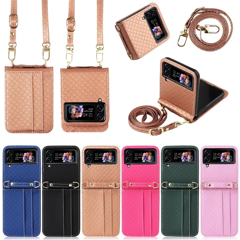 

Lanyard Crossbody Cards Slot Leather Case for Samsung Galaxy Z Flip 4 Flip3 Flip4 5G Anti-Scratch Protective Flower Phone Cover