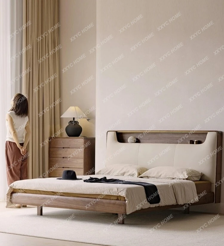 black walnut solid wood suspension bed  simple leather