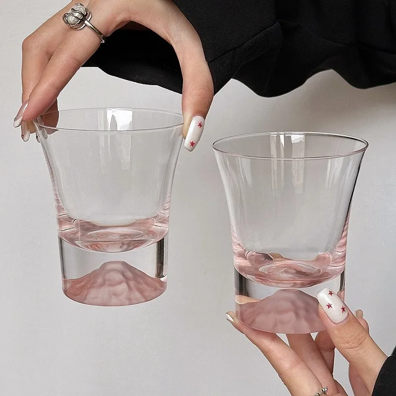 

Ins Style Mount Fuji Glass Cup, Pink Mountain View Whisky Tumbler, High-End Coffee Drinking Glass for Home Bar
