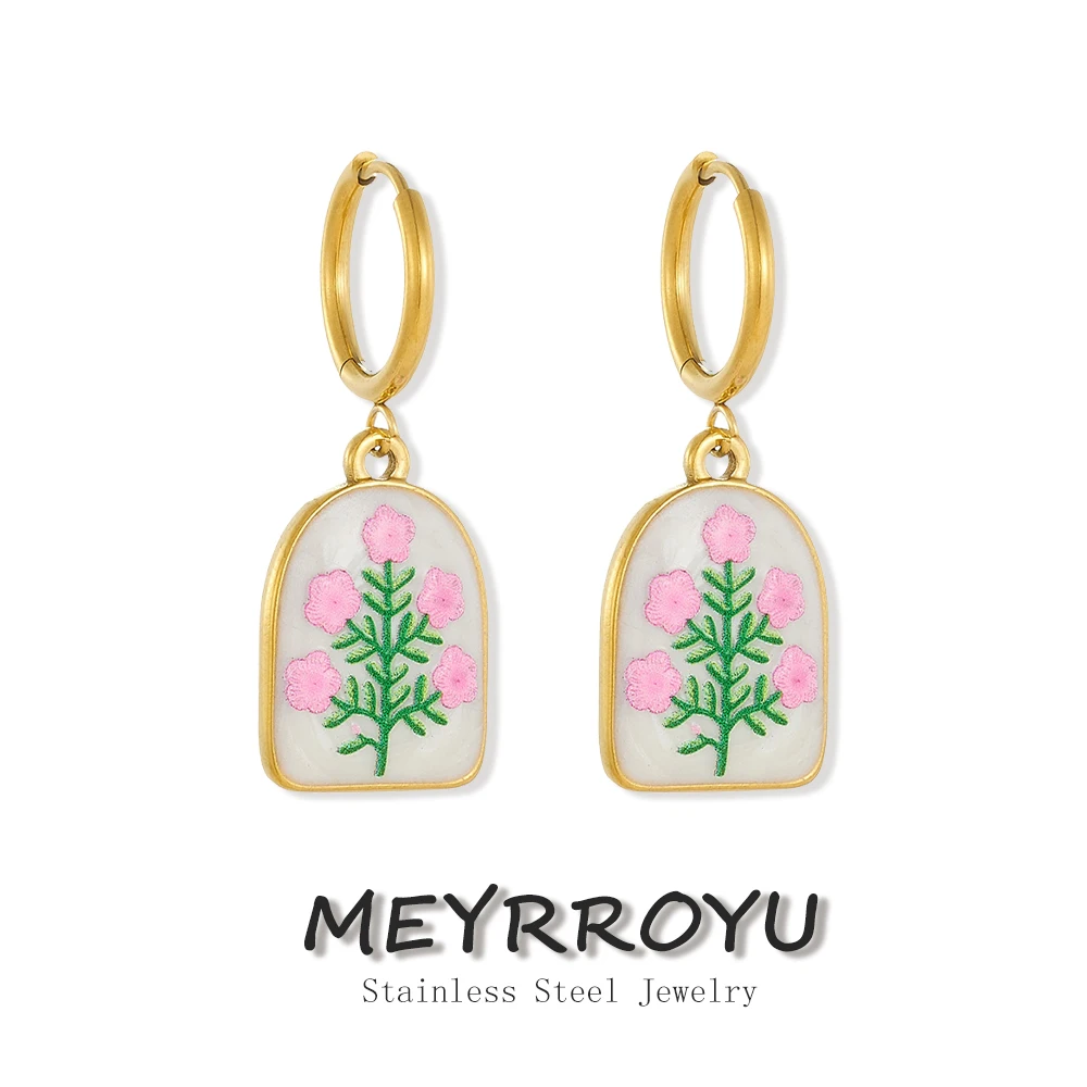 MEYRROYU Stainless Steel Hand Painted Pink Enamel Flower White Arch Hoop Earrings Ladies Trend Waterproof Dangle Earrings Jewelr