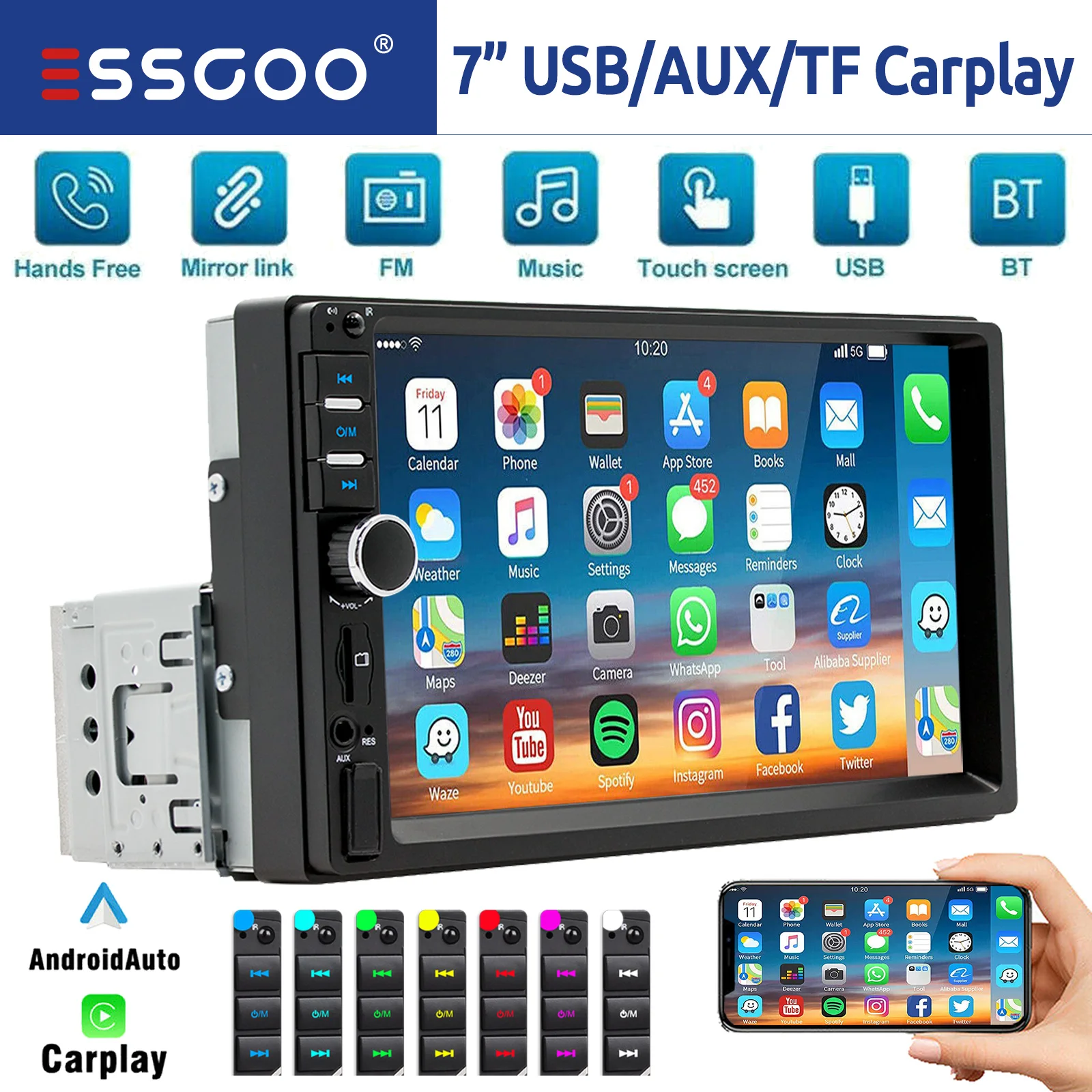 ESSGOO 1 DIN 7 inch Universal Carplay Android Auto Car Stereo Radio FM Bluetooth TF USB AUX Mirror Link HD Touch Screen SWC EQ