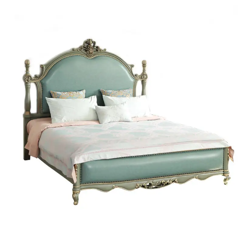 

French retro carved solid wood bed 1.8 meters double leather bed master bedroom European small luxury court princess bed