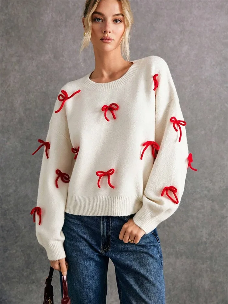 

New Autumn Winter Casual Women Bowknot Long Sleeve Loose Knitted Sweater, Christmas Pullover Jumpers Tops, Y2k Holiday Outfits