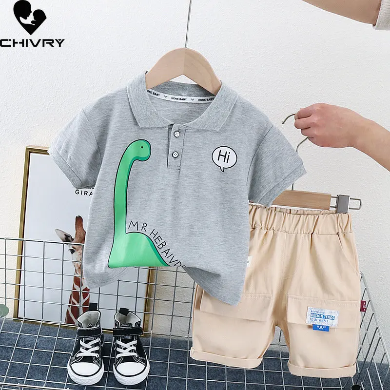 Baju Musim Panas Anak Laki-laki Baru 2023 Bayi Laki-laki Lengan Pendek Kerah Kartun Dinosaurus Polo Shirt dengan Celana Pendek Anak-anak Pakaian Set