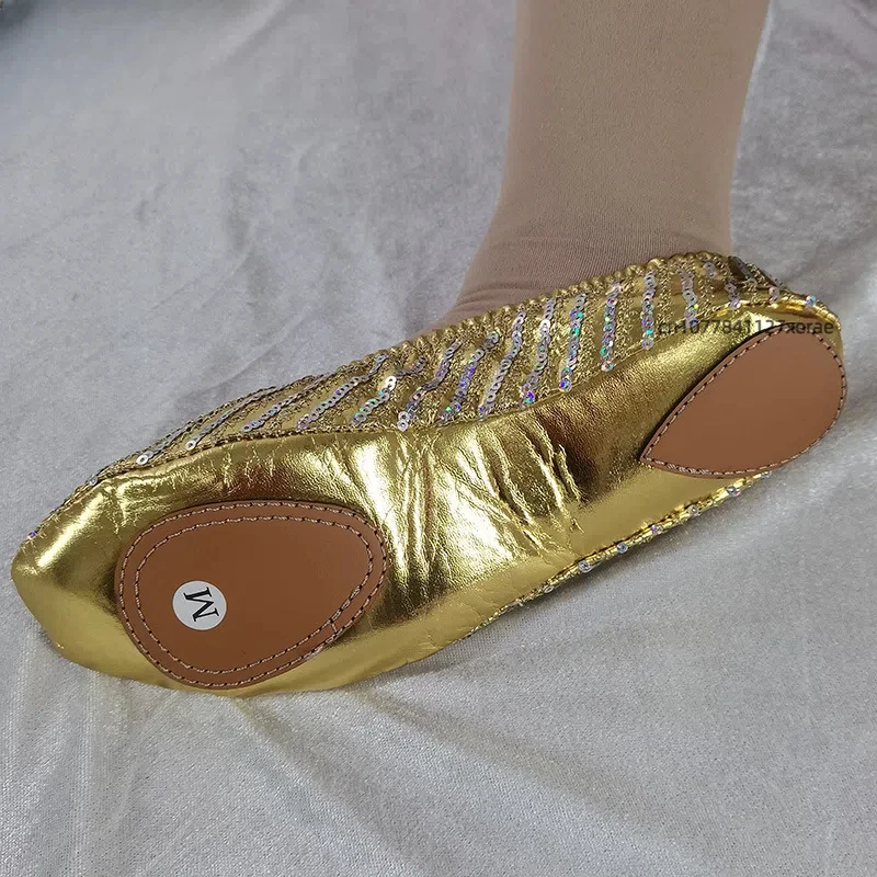 Sapatos de dança do ventre com brilho dourado sola macia desempenho sapatos femininos planos palco dança do ventre prática trajes desempenho