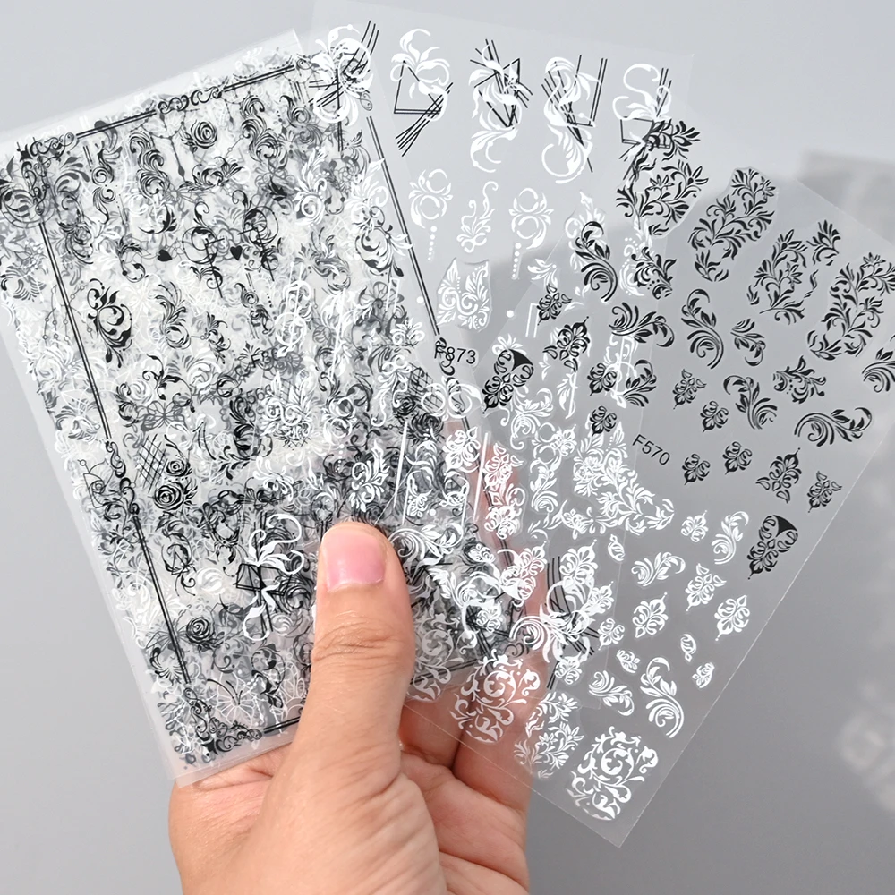 6pcs/Set Black White Lace Flowers Nail Sticker Geometric Line Painting Floral Leaves Charms Decals Retro Sliders Manicure Foils