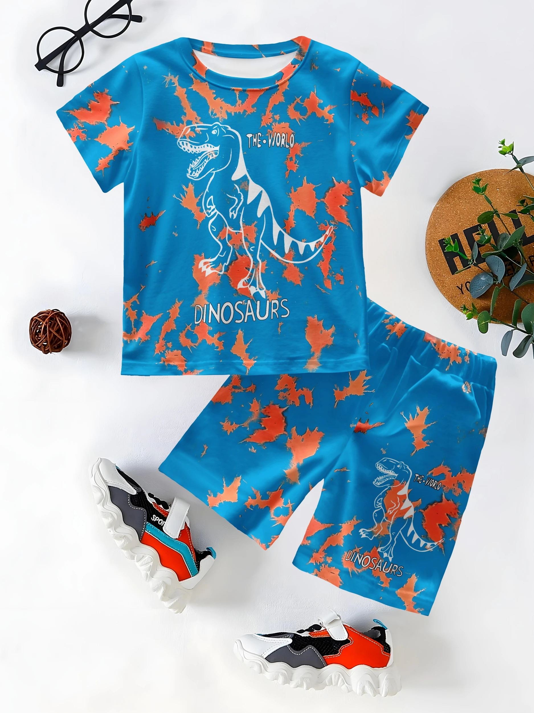 

Boys Fashion Short Sleeve T-Shirt Set 3D Dinosaur Graphic Top & Shorts Kids Suit Everyday Casual Boys Girls Street Summer