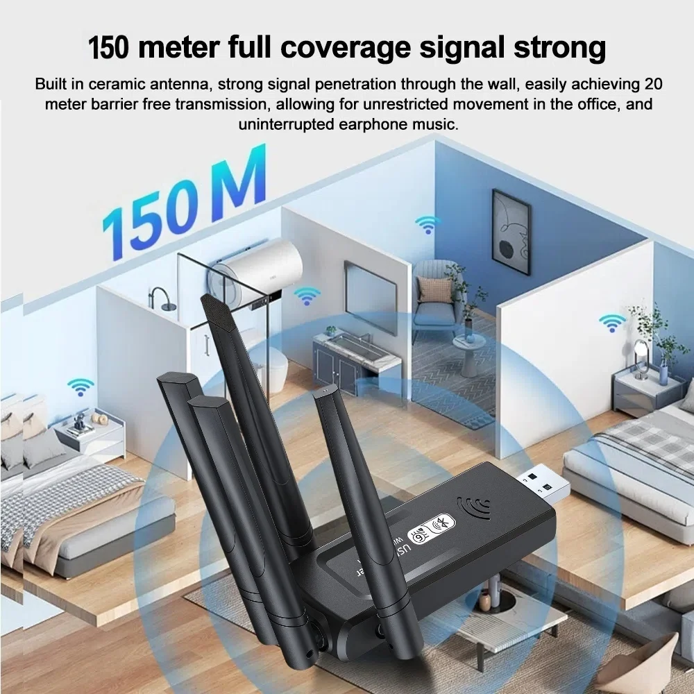 بطاقة شبكة WiFi 1300Mbps 2.4G/5Ghz بلوتوث 5.4 واي فاي دونغل AX1300 USB 4-هوائي استقبال لاسلكي للكمبيوتر/الكمبيوتر المحمول سائق مجاني