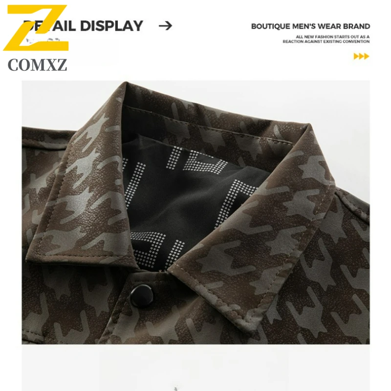 2025 Retro Men's Leather Jacket Spring Autumn High End Trendy Grid Camouflage Windproof Jackets Male Business Party Lapel Coat