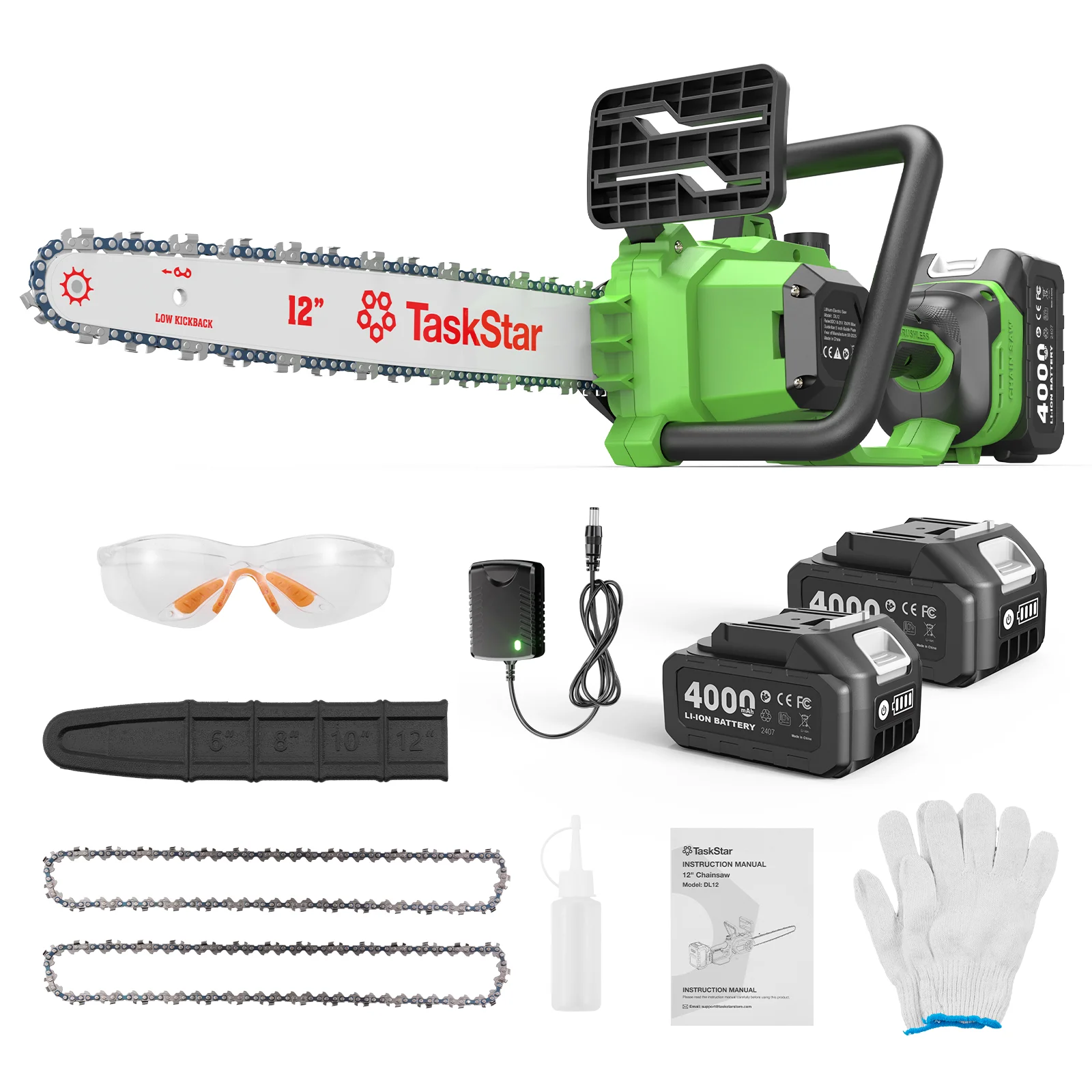 TaskStar 12-Zoll-bürstenlose elektrische Handsäge, kabellose Kettensäge mit automatischer Schmiervorrichtung und Sicherheitsverriegelung, betrieben mit 2 Akkus à 4000 mAh, zum Baumschnitt und
