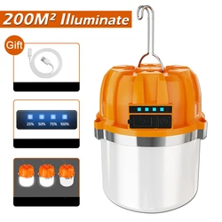 200W LED Camping Lantern USB Rechargeable Portable Lamp Bulb Flashlight with Power Display Emergency Light for Outdoors Working