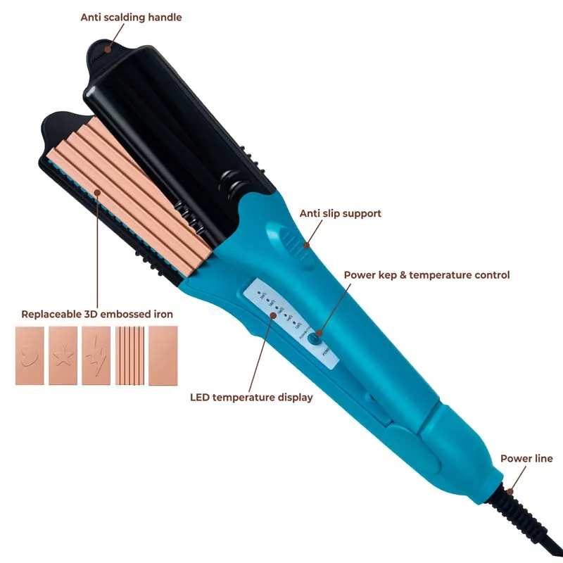 The popular titanium alloy panel-style hair straighteners/curlers come with 5 different plates that can create 3D patterns. view 5