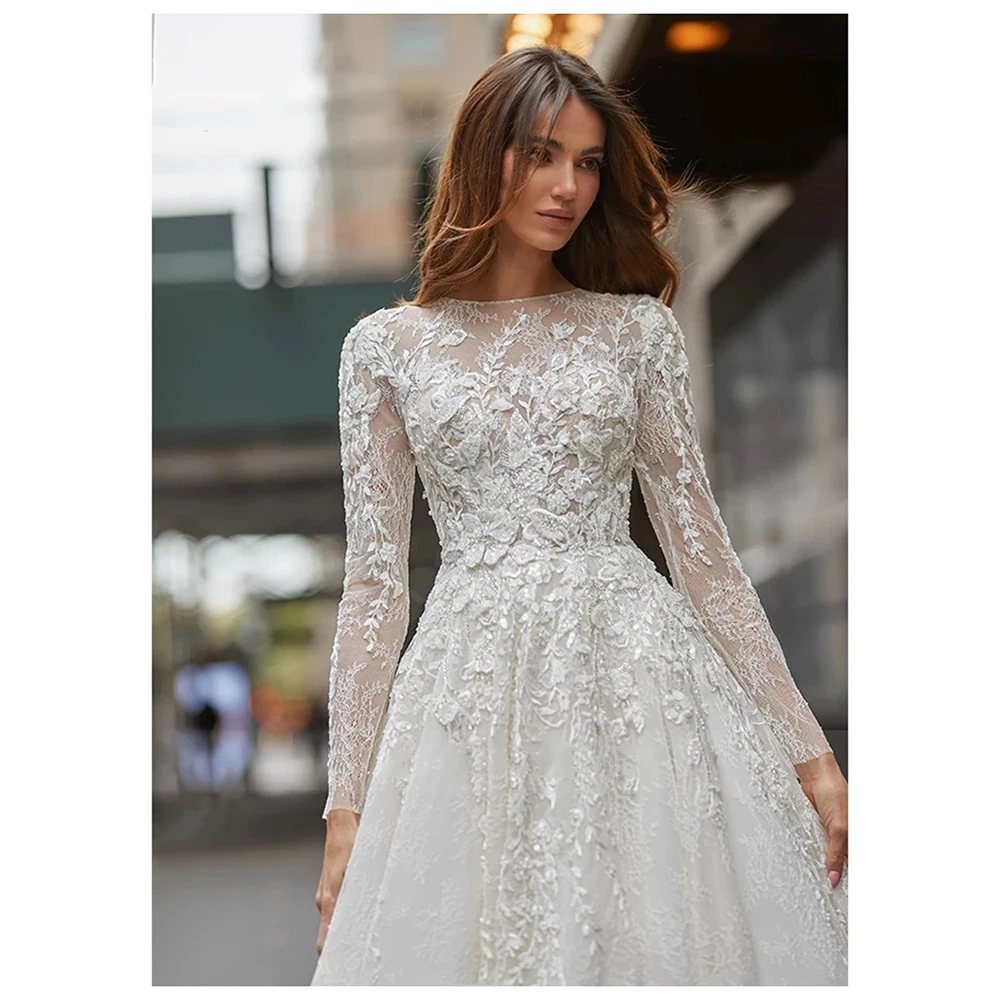 Exquisite A Line Wedding Dress For Women Elegant O Neck 3D Appliques Beaded Bridal Gown Customized Long Sleeve Lace Bride Dress