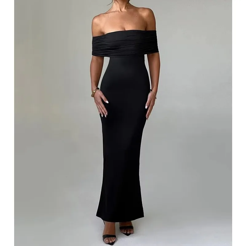 Strapless Backless Sexy Maxi Dress For Women Black Solid Off-shoulder Sleeveless Bodycon Club Party Long Dress Elegant