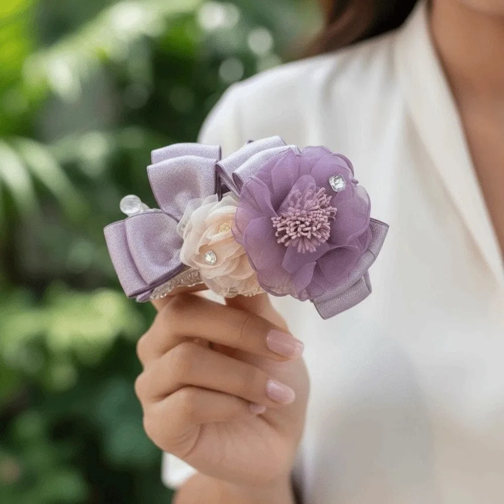 

Элегантная заколка-краб в корейском стиле с цветком, фиолетовая, из смолы, с сеткой, вертикальная, с бантом из полиэстера, для женских причесок, в подарок