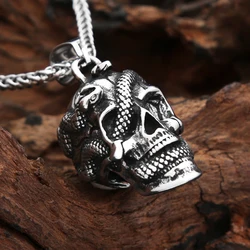Gothic Vintage Stainless Steel Skull Craving Snake Pendant Necklaces For Men Nordic Odin Amulet Necklace Fashion Party Jewelry