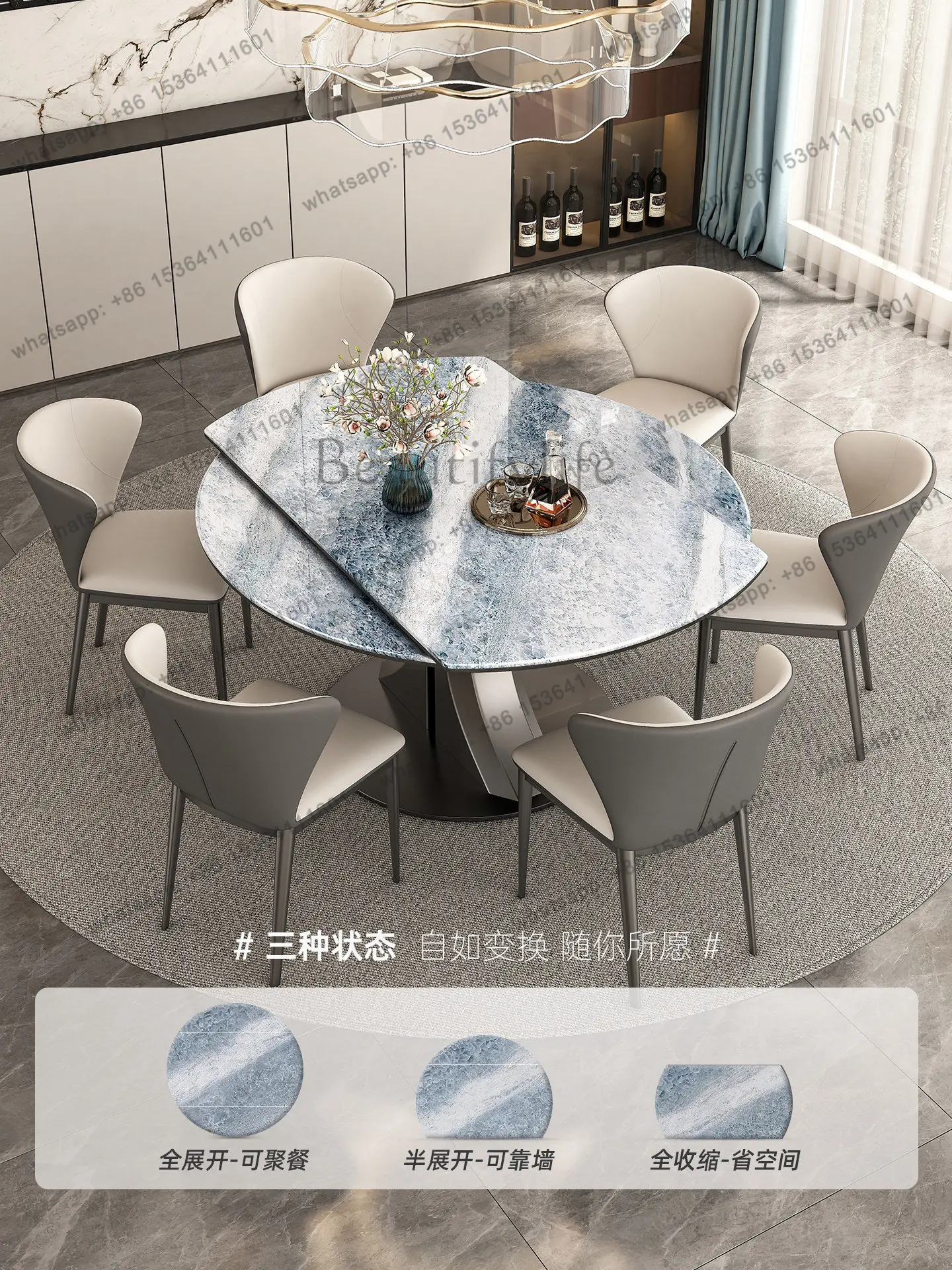 Italian minimalist natural microcrystalline stone retractable dining table natural marble high-end household dining table