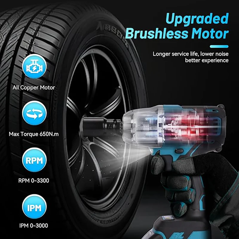 650N.m High Torque Cordless Electric Impact Wrench Brushless 1/2 inch Cordless Electric Wrench with 21V Battery for Tyres Tools