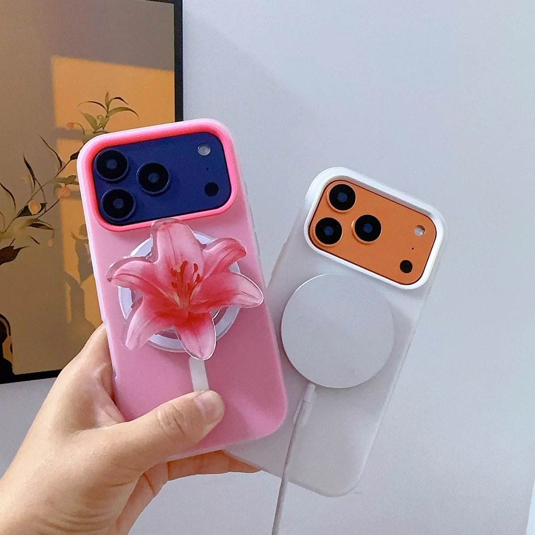 Custodia con staffa di aspirazione magnetica fiore carino moda per iPhone 17 16 15 14 Cover per telefono 16 14 13 Pro MAX Custodia rigida antiurto posteriore