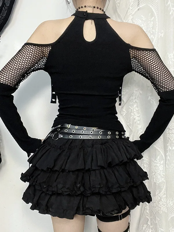 

Сексуальный сетчатый лоскутный длинный топ с открытыми плечами для молодых женщин, дышащая летняя повседневная футболка из полиэстера