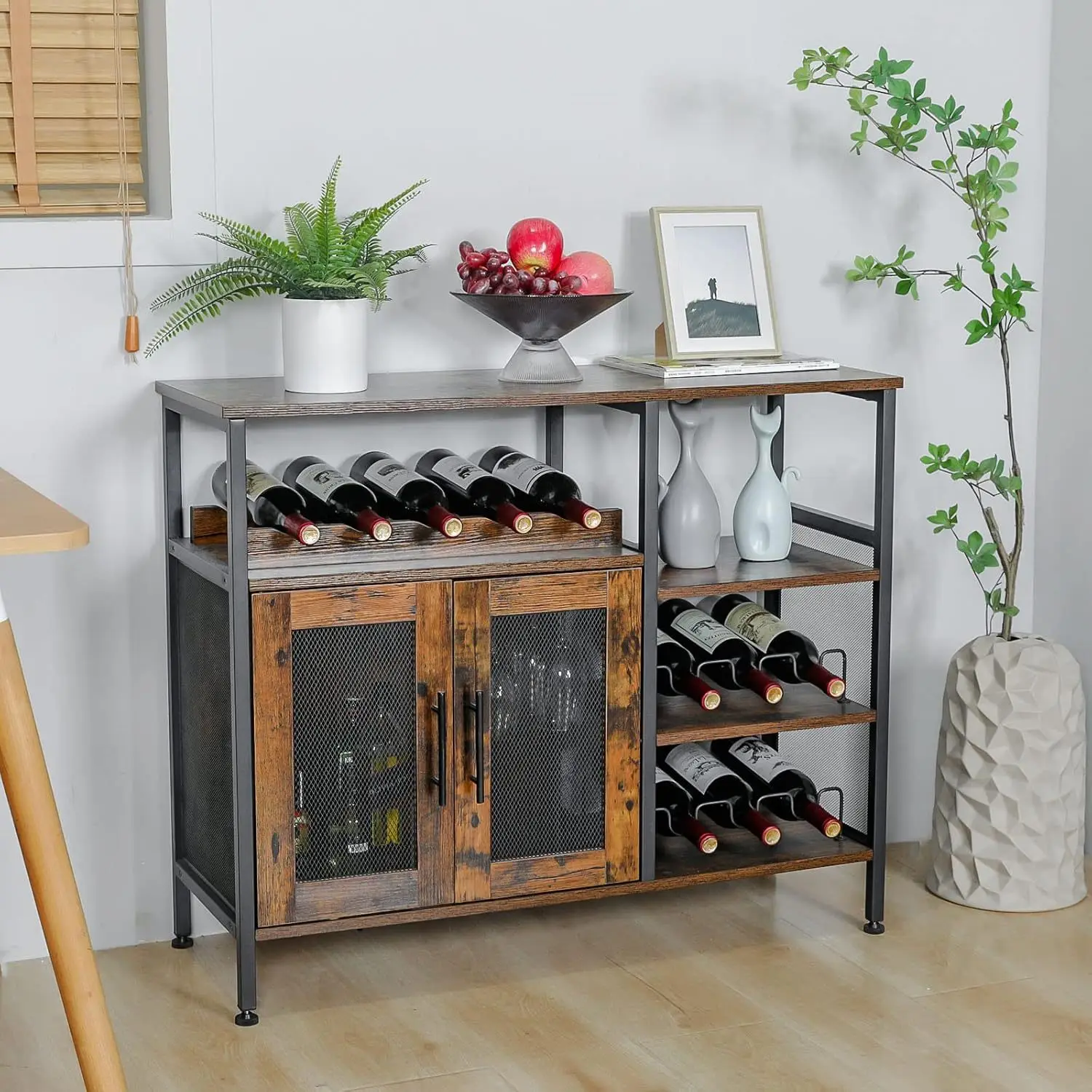 

Customizable Wine Rack Iron Wood Storage Rack Removable Shelf Coffee Bar Cabinet with Double Door Cabinet Multifunctional Rack