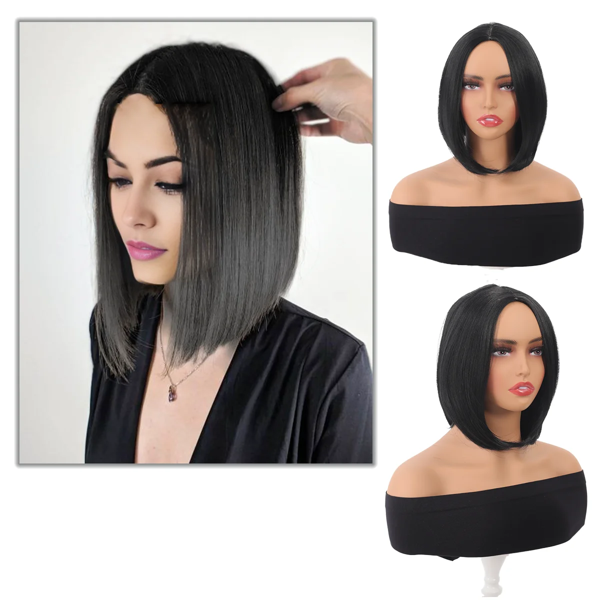 Synthetic women's black bob hair with vertical bangs, Bob's heat-resistant synthetic wig,used for daily parties with women's wig