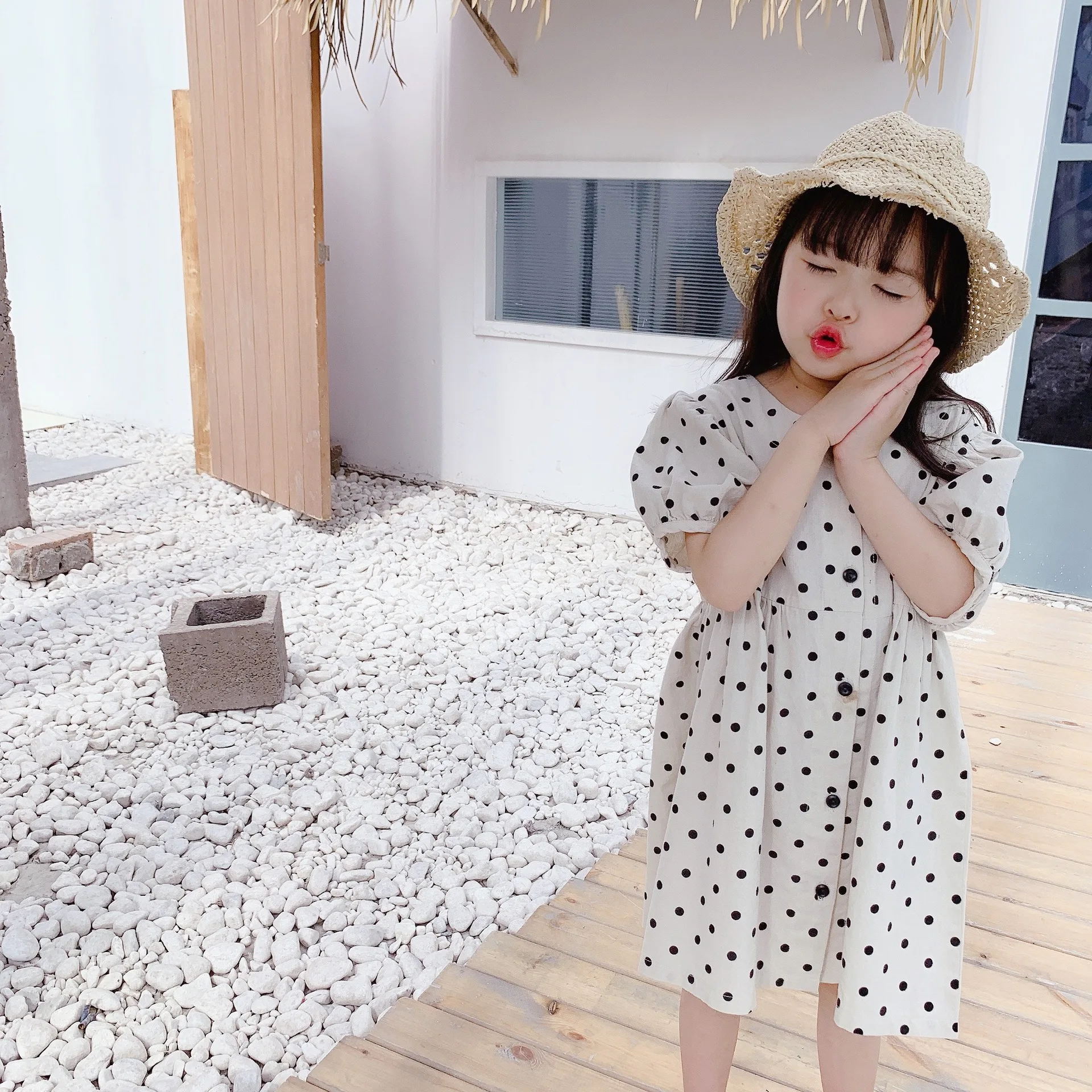 2025 Summer Toddler Girls Polka Dot Dress Puff Sleeves & Black Button Front A-Line Cut Smocked Waist Casual Dressy Outing